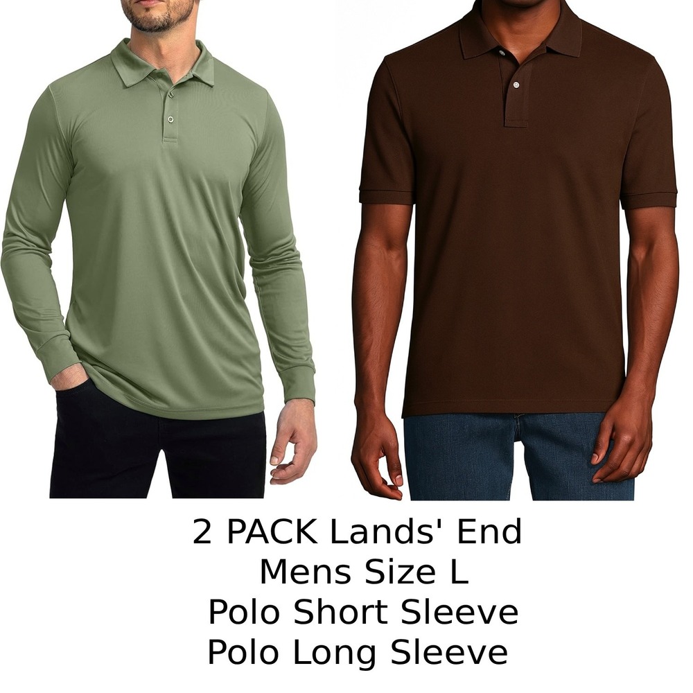 2 Pack Lands' End Mens L - Simple Olive LS & Rich Coffee SS Polo Shirt
